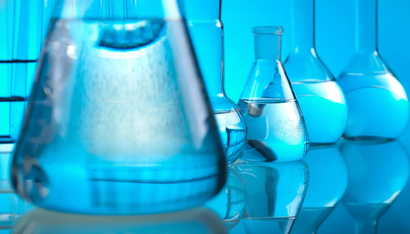 Several glass beakers and flasks filled with blue liquid are arranged in a laboratory setting. The foreground shows a blurred beaker , while others are in sharper focus, reflecting on a surface .