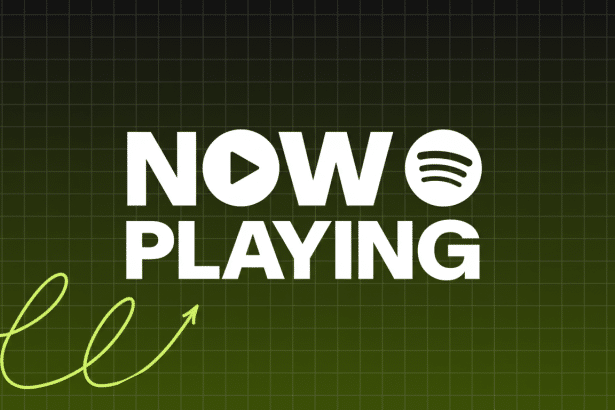 NOW PLAYING text with a play button icon and Spotify logo , on a dark green to black gradient background with a subtle grid pattern and a neon green swirl with an arrow.