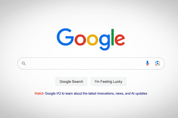 The Google search homepage with its colorful logo, search bar , and Google Search and I'm Feeling Lucky buttons, along with a link to Google I/O updates , presented on a minimalist white background.