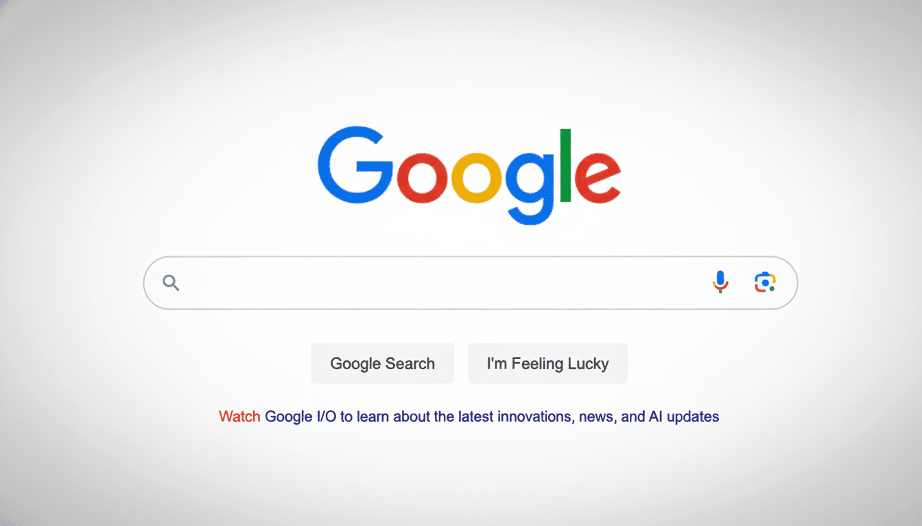 The Google search homepage with its colorful logo, search bar , and Google Search and I'm Feeling Lucky buttons, along with a link to Google I/O updates , presented on a minimalist white background.