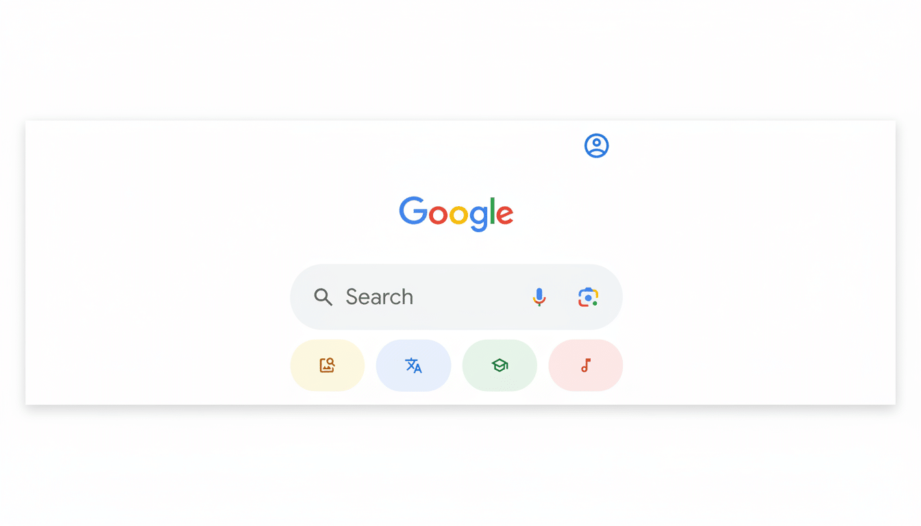 A resized and enhanced Google search interface, centered on a 16 :9 aspect ratio , with the Google logo, a search bar, and four quick access icons for image search , translate , Google Scholar, and music search .