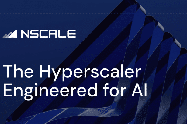 NSCALE logo with the text The Hypers caler Engineered for AI on a blue background with dark blue abstract shapes. Filename : nscale hyp erscalerai . png