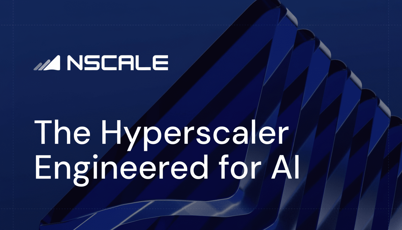 NSCALE logo with the text The Hypers caler Engineered for AI on a blue background with dark blue abstract shapes. Filename : nscale hyp erscalerai . png