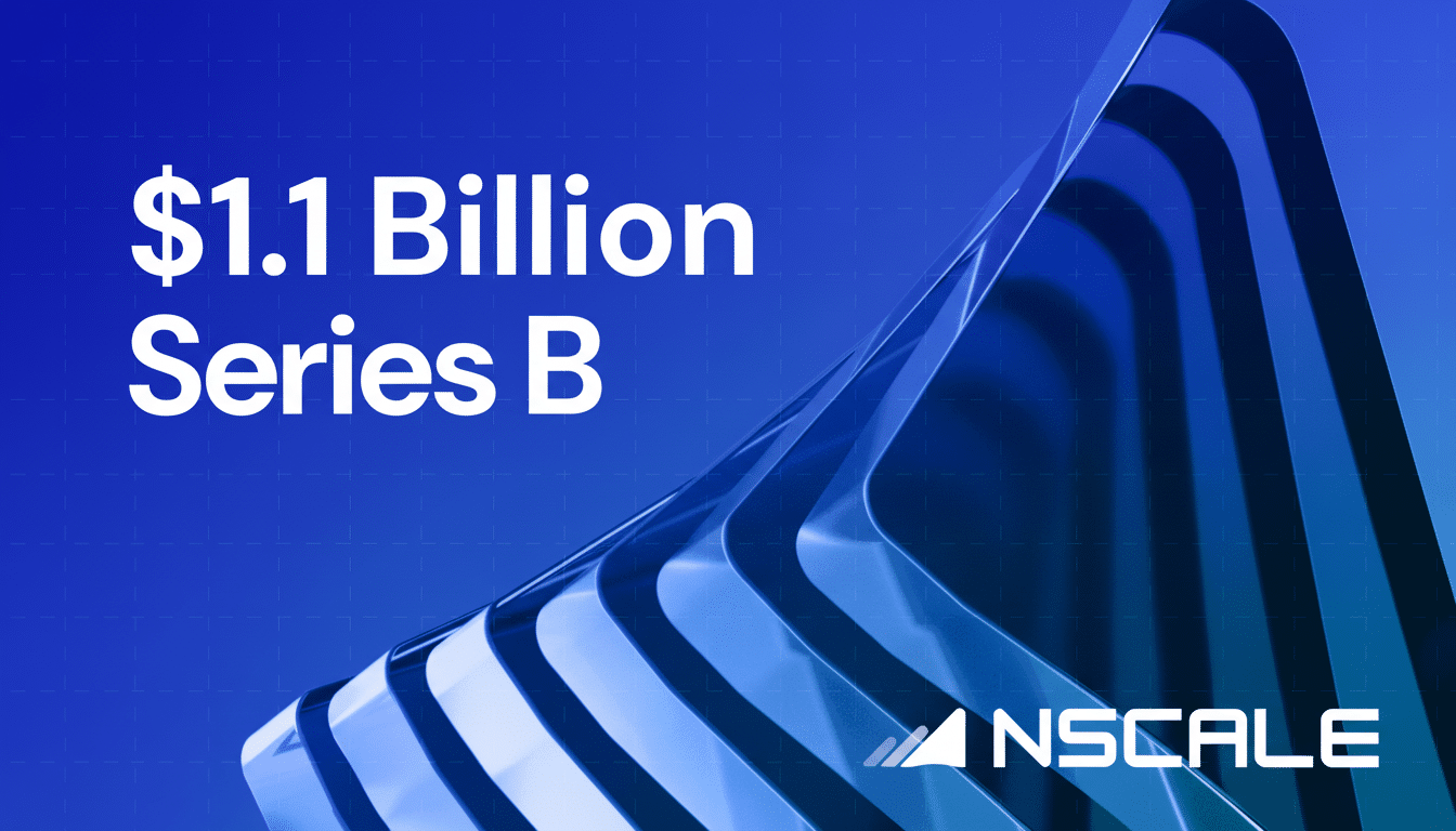 NScale banner announcing a . 1 Billion Series B funding round , featuring text on a blue background with abstract blue and white transparent wave -like shapes. The NScale logo is in the bottom right corner. Filename : nscale seriesb banner.png