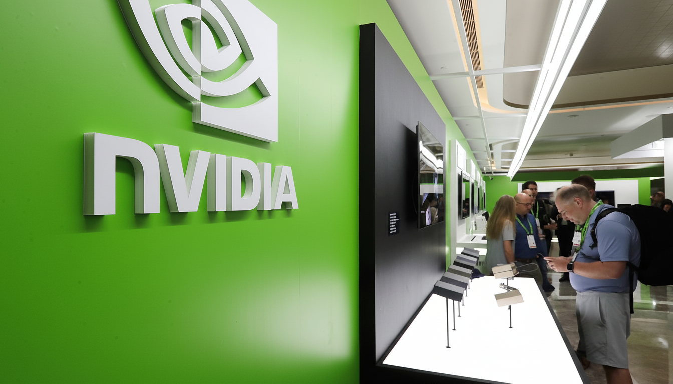 A professional image of the NVIDIA logo on a bright green wall at an event, with attendees in the background.