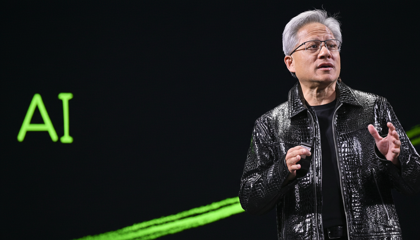 Jensen Huang, CEO of NVIDIA, speaking on stage with AI displayed in green text on a black background.