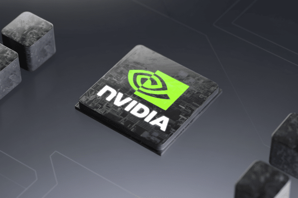 An enhanced, professional image of an Nvidia chip on a dark grey background with subtle circuit patterns, resized to a 16 :9 aspect ratio .