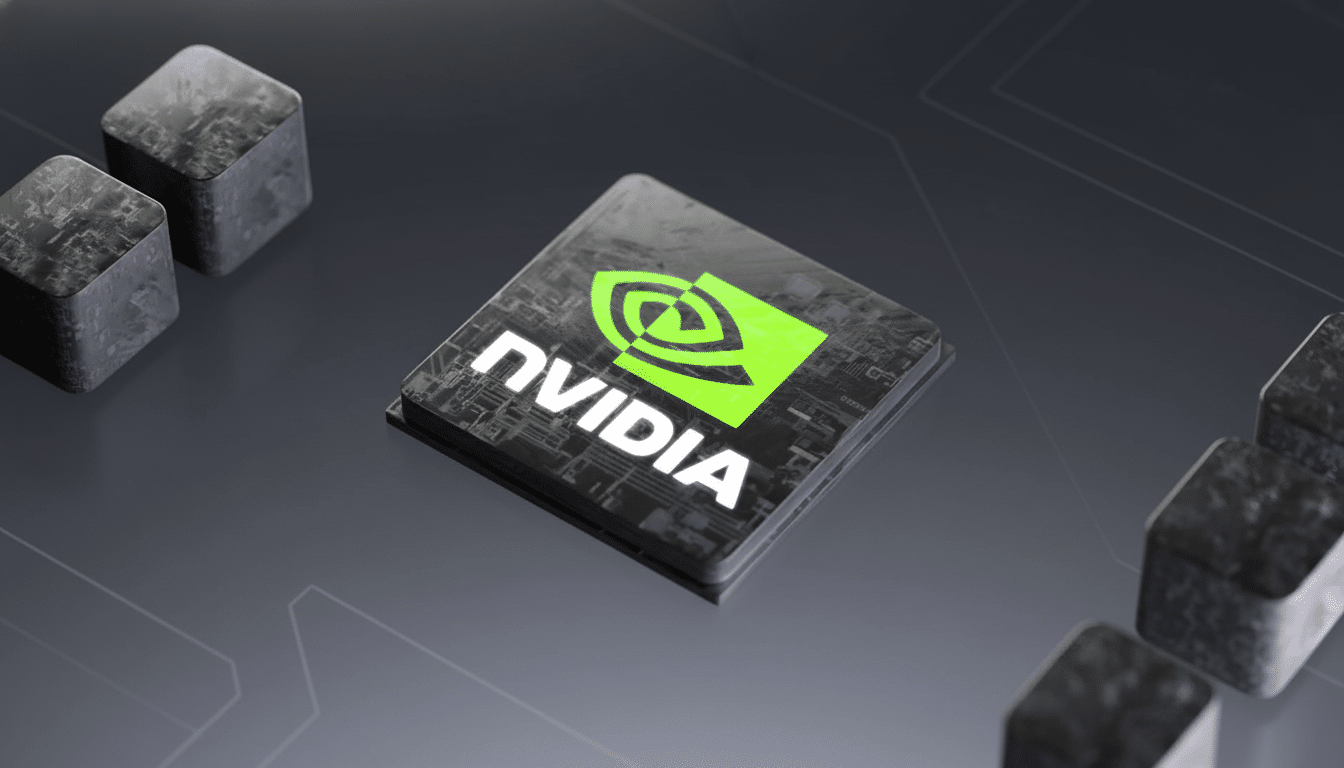 An enhanced, professional image of an Nvidia chip on a dark grey background with subtle circuit patterns, resized to a 16 :9 aspect ratio .