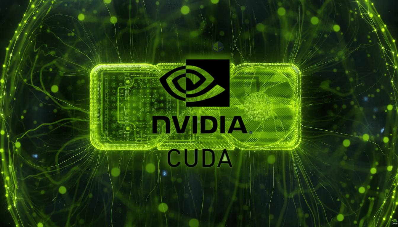 NVIDIA CUDA logo and text in a neon green circuit board design with a glowing, abstract background.