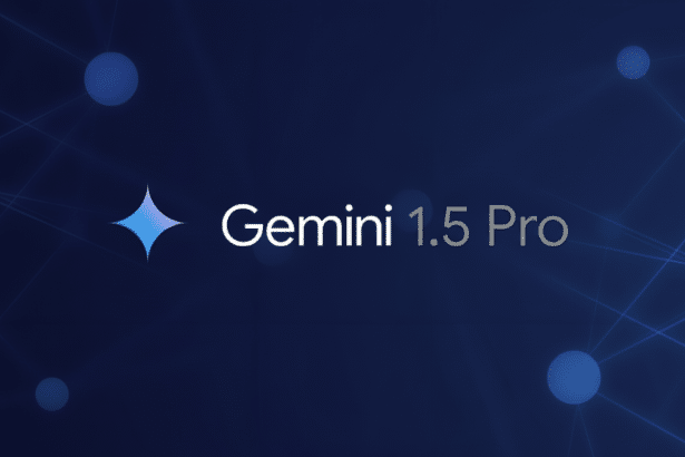 The text Gemini 1.5 Pro is displayed on a dark blue background with abstract, interconnected light blue dots and lines. A sparkling, four-pointed star