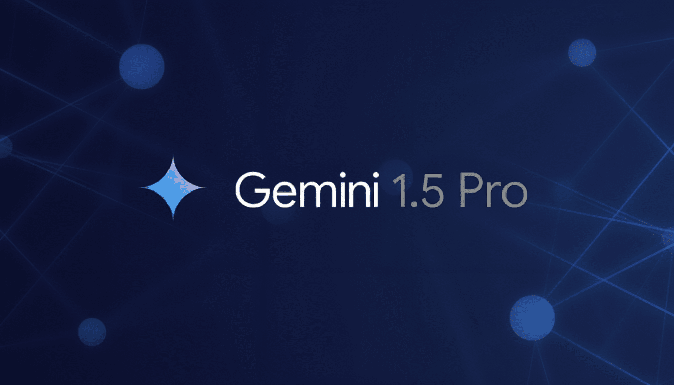 The text Gemini 1.5 Pro is displayed on a dark blue background with abstract, interconnected light blue dots and lines. A sparkling, four-pointed star