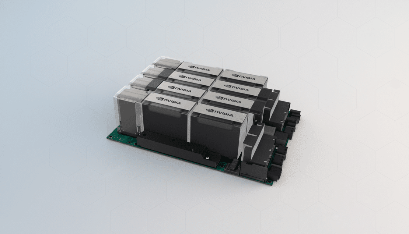 A professional, enhanced image of an NVIDIA DGX H 100 GPU module on a circuit board, presented on a light gray background with subtle hexagonal patterns and a soft blue gradient, resized to a 1 6:9 aspect ratio. Filename : nvidiadg xh1 00module professional.png