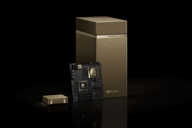 A gold-colored NVIDIA computer tower next to a circuit board and a small gold component , all on a dark background .