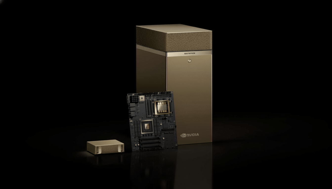 A gold-colored NVIDIA computer tower next to a circuit board and a small gold component , all on a dark background .