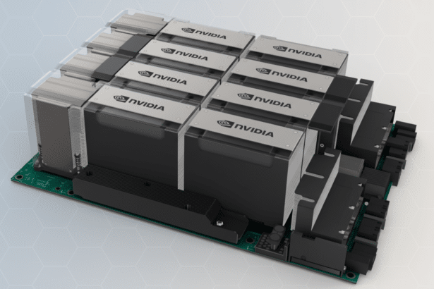 ** A close -up, elevated view of an NVIDIA DGX H 100 GPU module , showcasing multiple GPU units arranged on a circuit board against a clean, professional background with soft geometric patterns. **