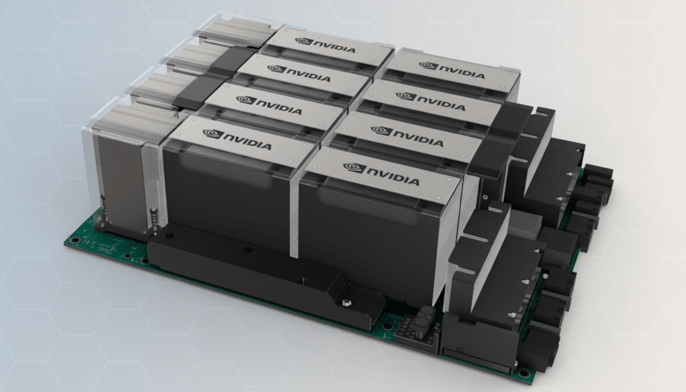 ** A close -up, elevated view of an NVIDIA DGX H 100 GPU module , showcasing multiple GPU units arranged on a circuit board against a clean, professional background with soft geometric patterns. **