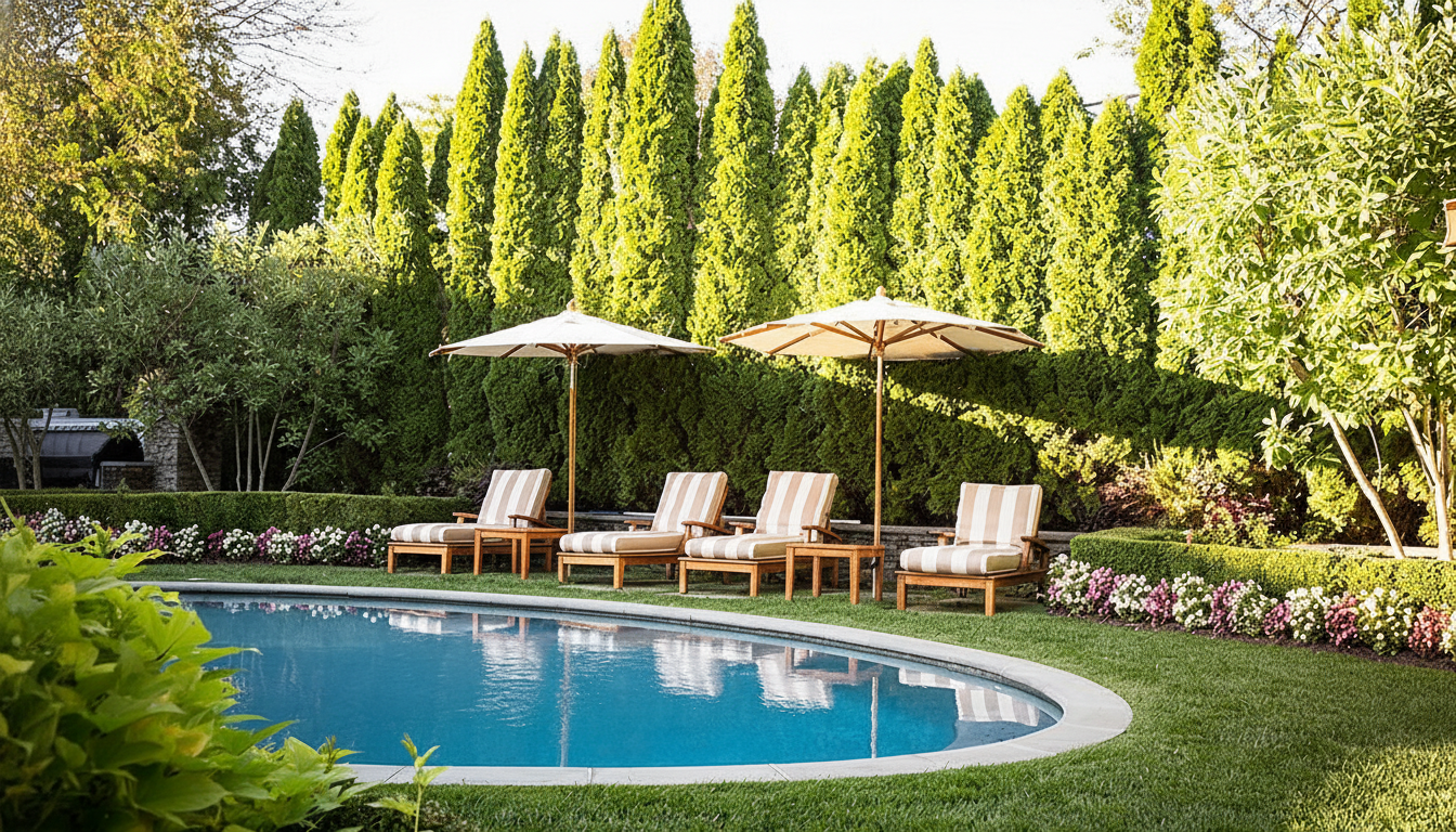 A luxurious outdoor swimming pool area with four lounge chairs and two umbrellas, surrounded by lush green hedges and tall evergreen trees under bright sunlight.