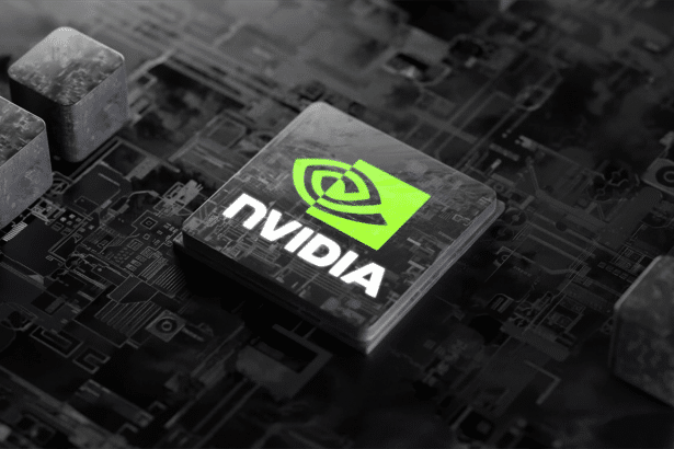 An NVIDIA chip with its distinctive green logo on a dark circuit board, professionally enhanced and resized to a 16: 9 aspect ratio.