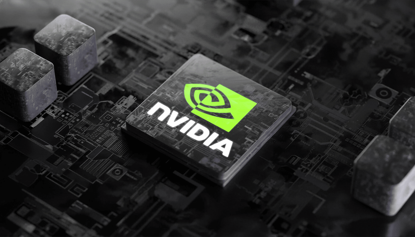 An NVIDIA chip with its distinctive green logo on a dark circuit board, professionally enhanced and resized to a 16: 9 aspect ratio.