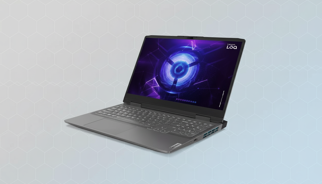 A professional image of a gray Lenovo LOQ laptop with a vibrant purple and blue abstract design on its screen, set against a light blue and gray geometric pattern background.