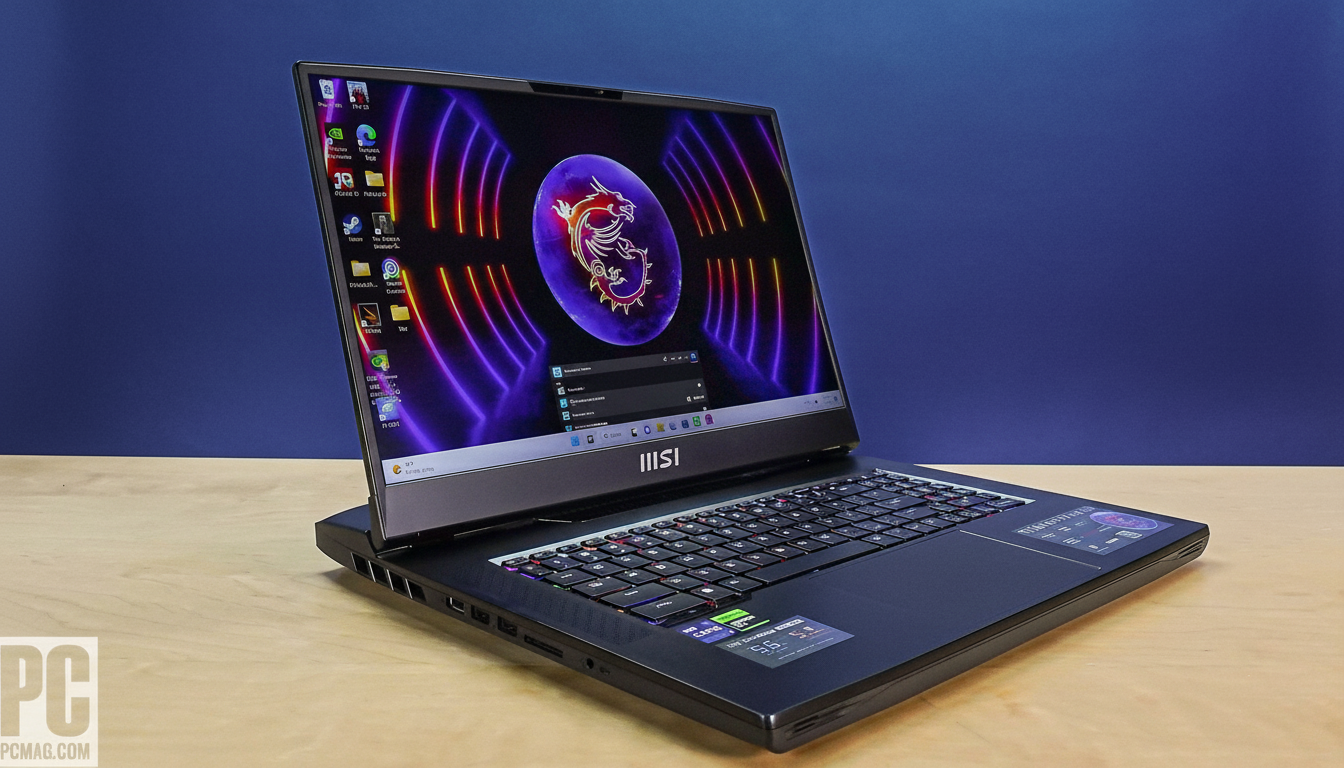A black MSI gaming laptop with a glowing dragon logo on the screen, set against a blue background and wooden surface.