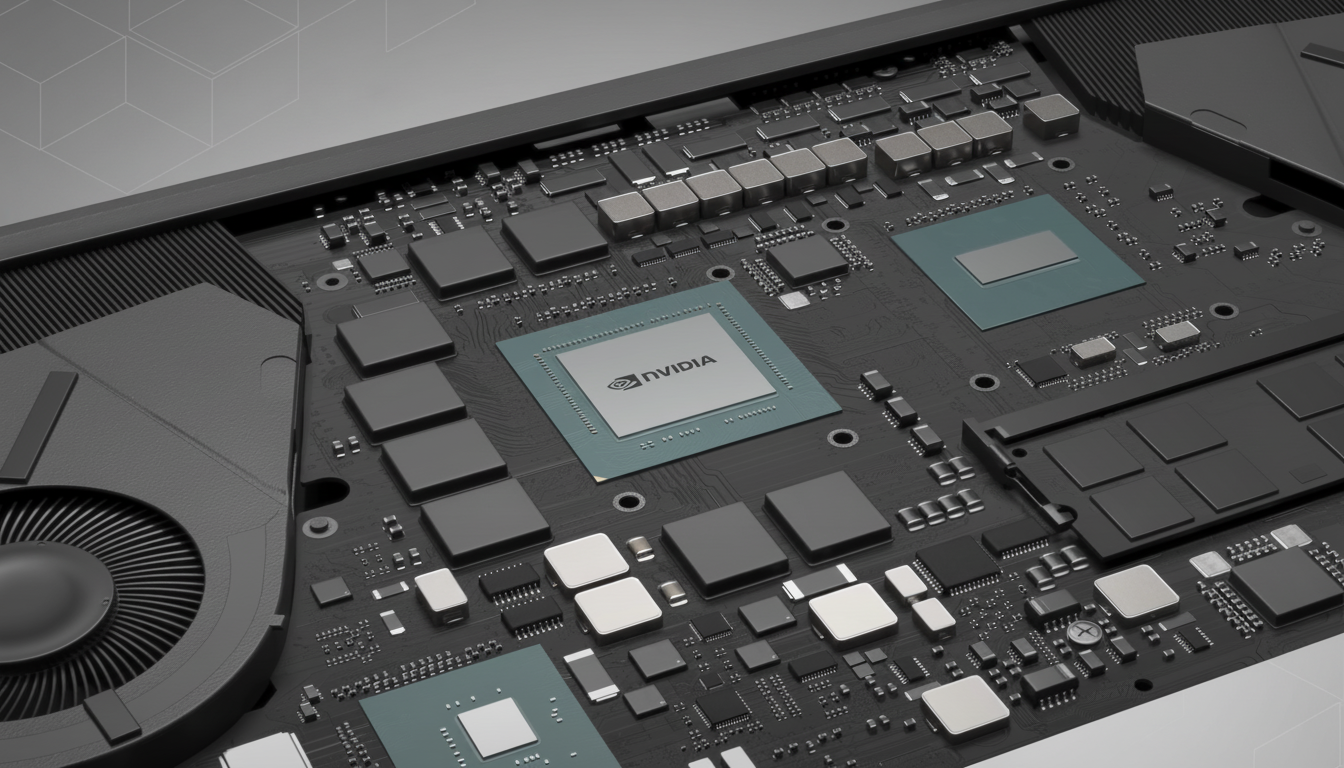 A close-up, professional shot of a dark grey circuit board with various chips and components, including a prominent NVIDIA chip in the center, resized to a 16:9 aspect ratio with a subtle geometric pattern in the background.