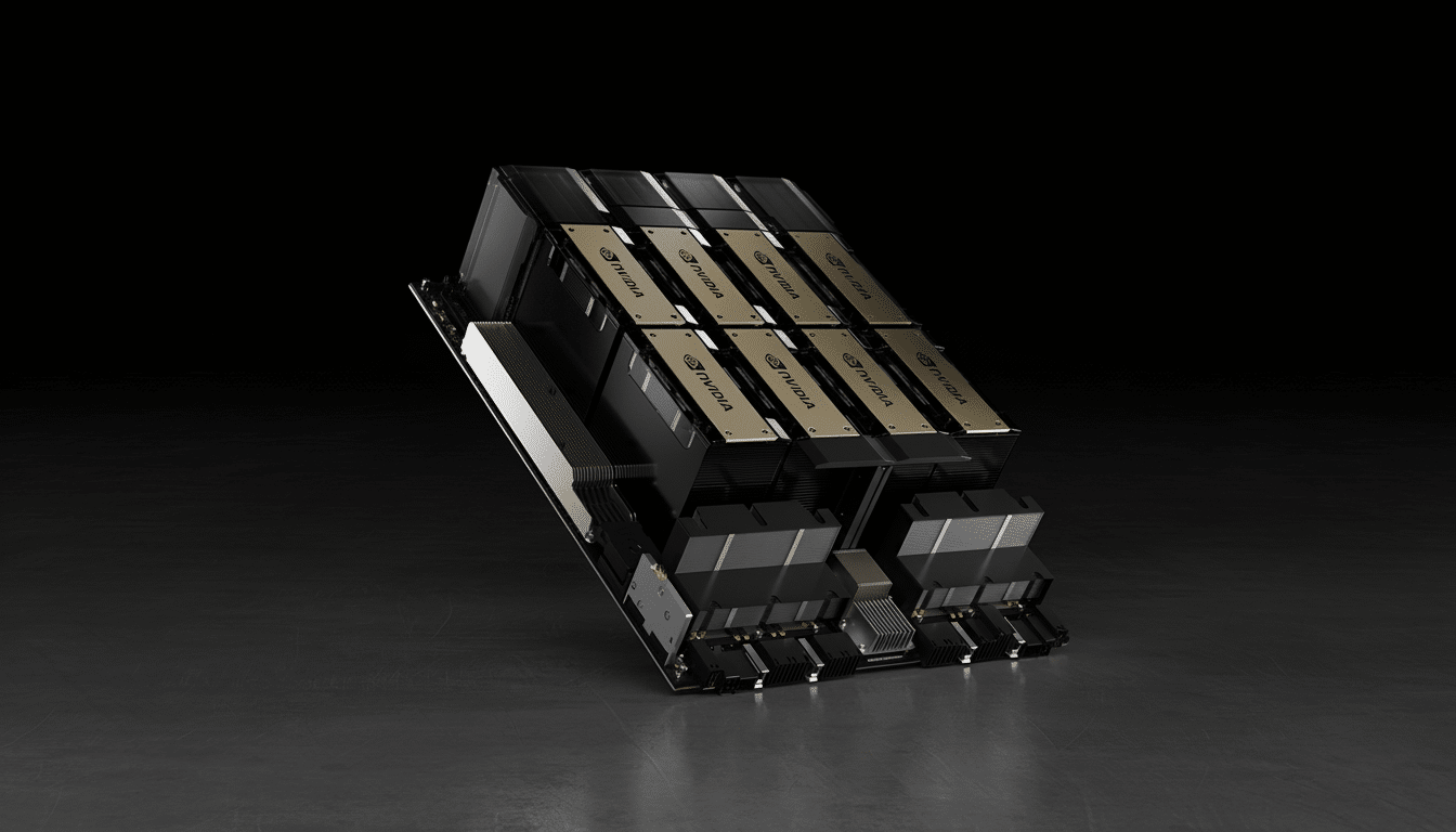 An angled view of an NVIDIA server rack filled with multiple NVIDIA GPUs, presented against a dark, minimalist background. Filename : nvidiagpu serverrack .png