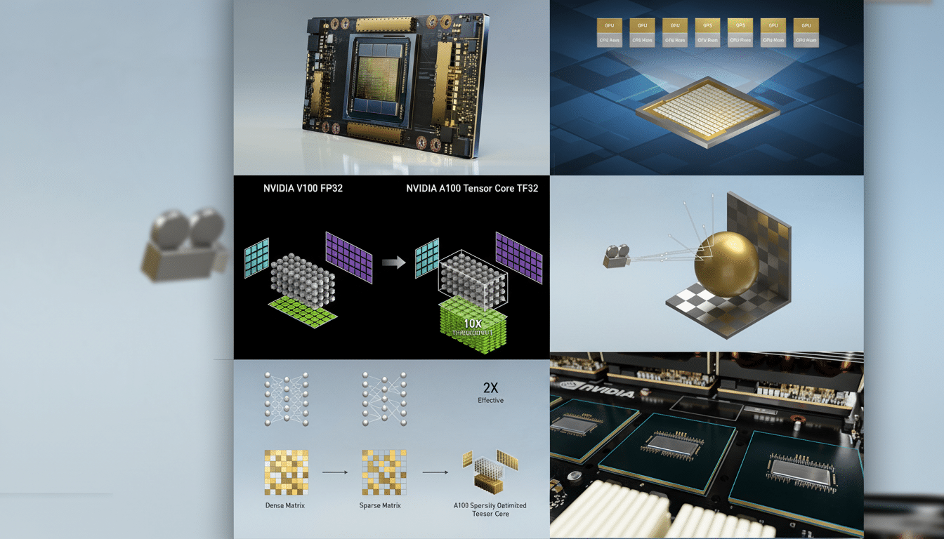 A collage of six images detailing various aspects of NVIDIAs GPU technology, including close -ups of a GPU board, architectural diagrams, performance