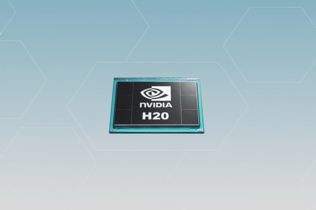 Nvidia H20 chip on a clean, professional blue - grey background with subtle hexagonal patterns. Filename : nvidiah 20chip professional .png