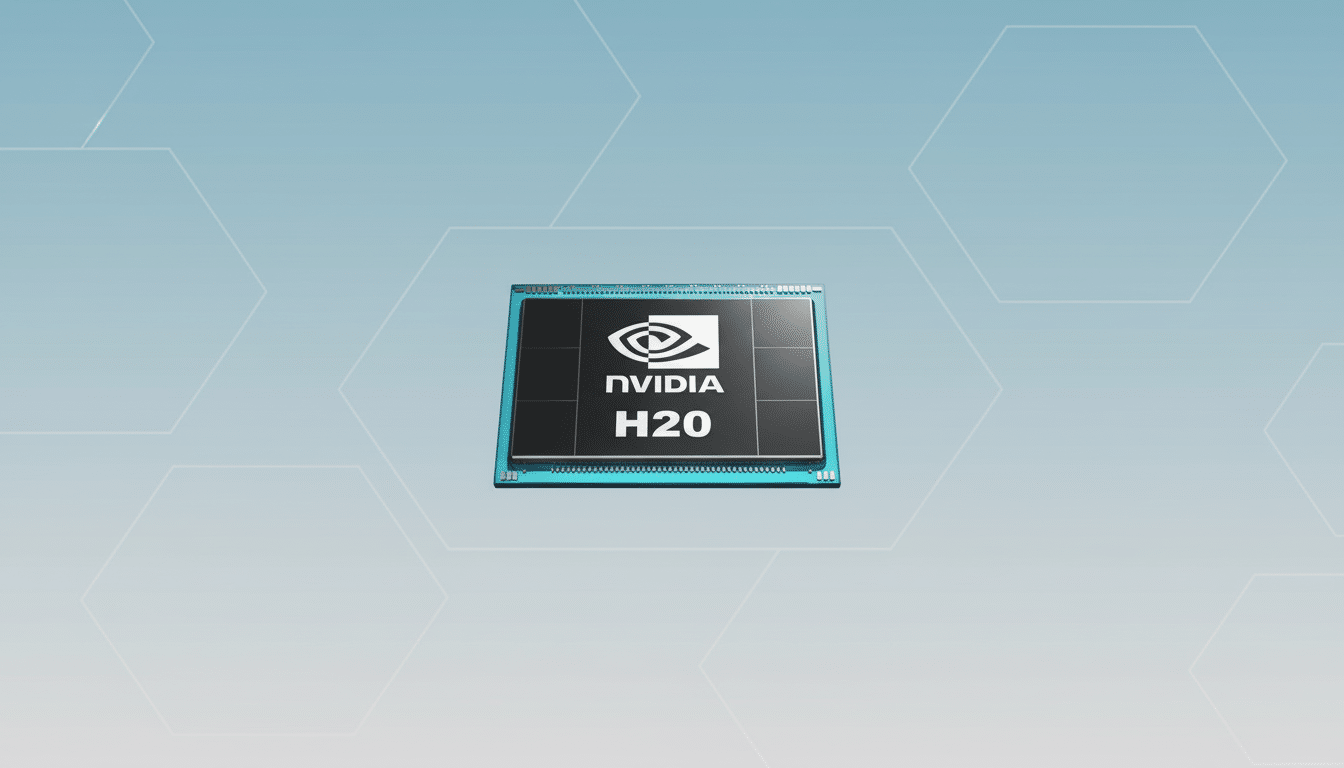 Nvidia H20 chip on a clean, professional blue - grey background with subtle hexagonal patterns. Filename : nvidiah 20chip professional .png