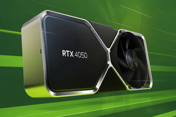 An Nvidia RTX 40 50 graphics card with a sleek black and silver design, featuring a single fan, presented against a dynamic green and black background