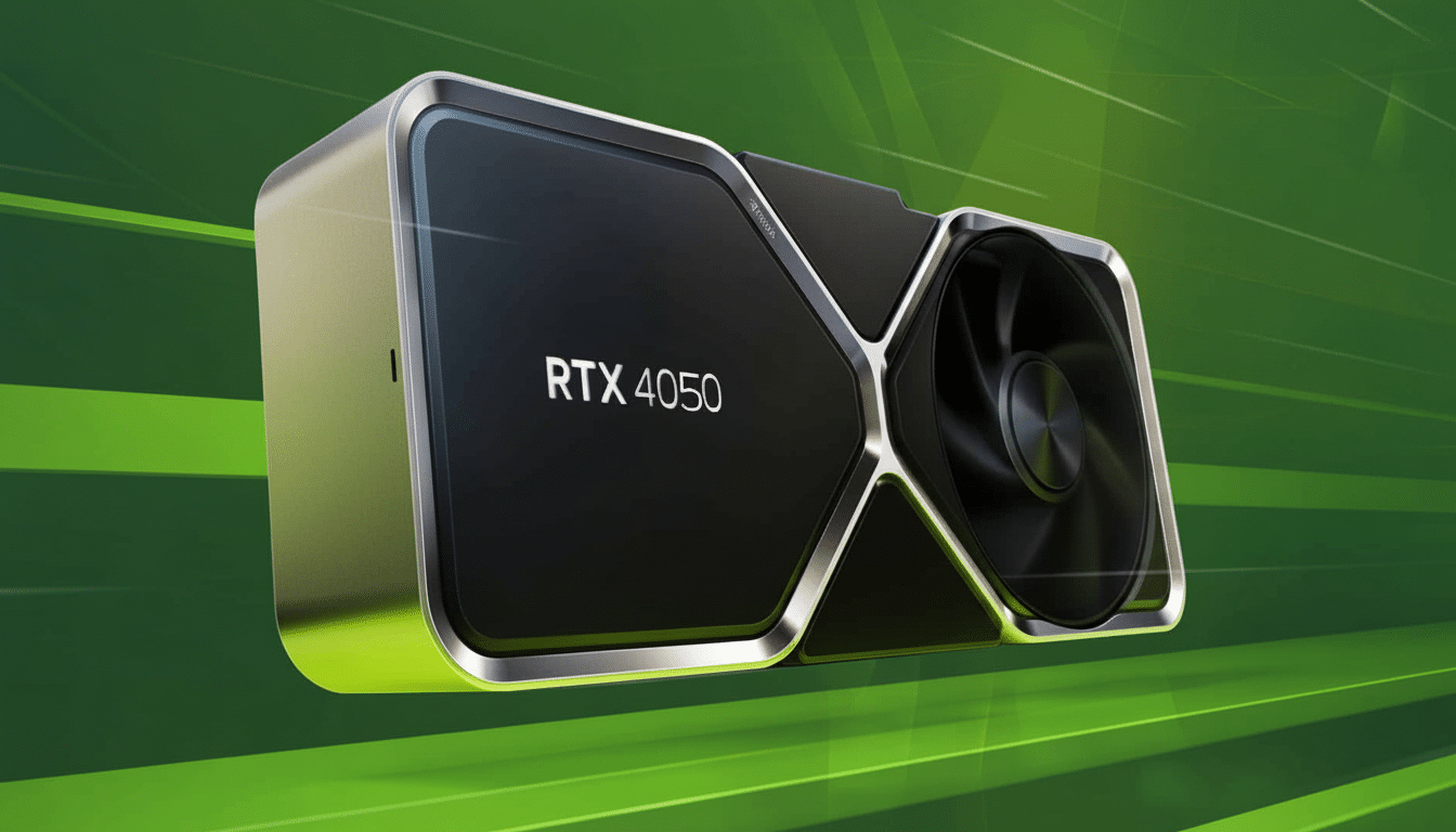 An Nvidia RTX 40 50 graphics card with a sleek black and silver design, featuring a single fan, presented against a dynamic green and black background