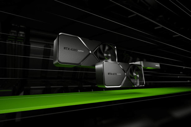 Two Nvidia RTX 40 Super series graphics cards, an RTX 40 80 Super and an RTX 4 070 Super , are showcased on a sleek, dark background with vibrant green accent lines. Filename : nvidia rtx 40super series graphicscards .png