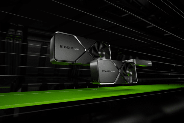 Two Nvidia RTX Super graphics cards , the RTX 40 80 Super and RTX 40 70 Super, displayed on a black and green background with a professional 16:9 aspect ratio.