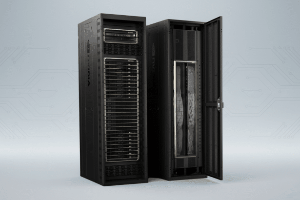 Two Nvidia server racks in a data center, one with its front panel open , on a professional flat design background with circuit board patterns.