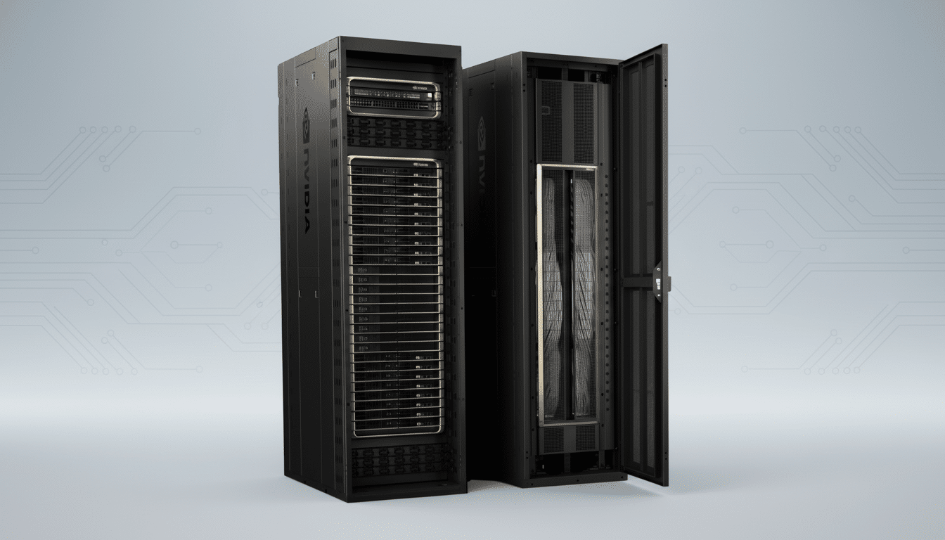 Two Nvidia server racks in a data center, one with its front panel open , on a professional flat design background with circuit board patterns.