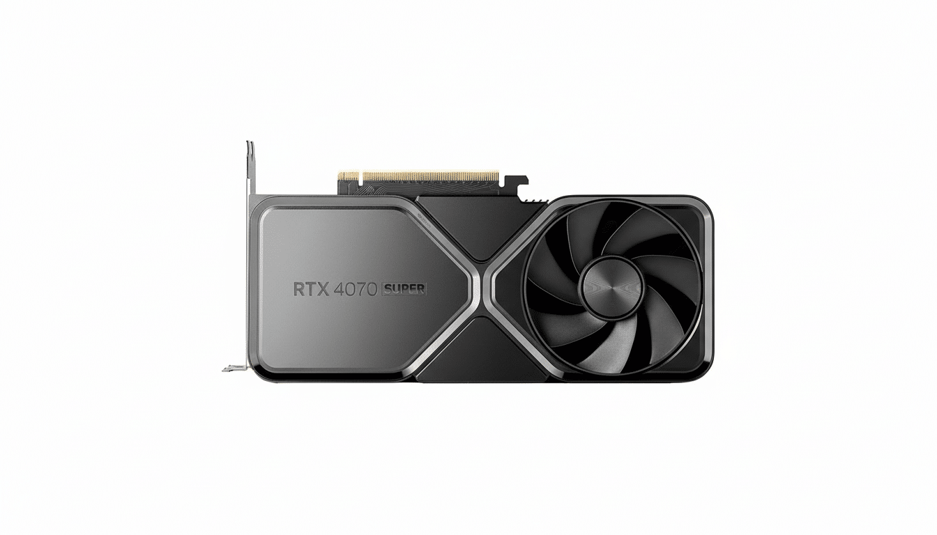 A professional , enhanced image of an RTX 407 0 Super graphics card displayed on a clean white background at a 16 :9 aspect ratio .