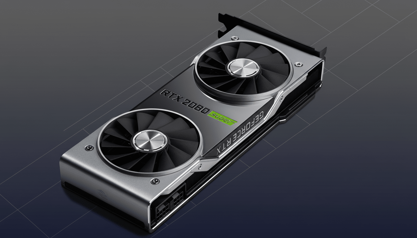An NVIDIA GeForce RTX 2080 Super graphics card with a new professional flat design background in a 16: 9 aspect ratio.