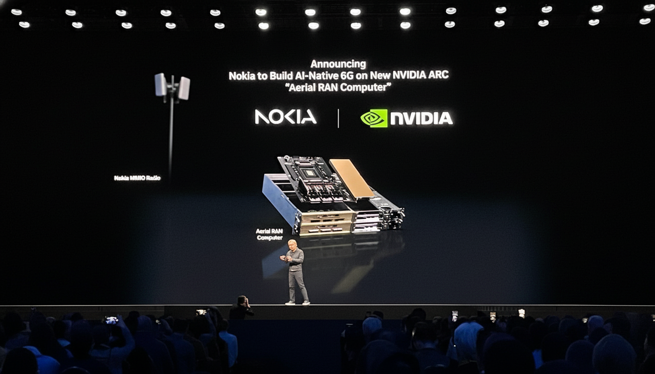 A man on stage presenting Nokia to Build AI-Native 6G on New NVIDIA ARC Aerial RAN Computer with the Nokia and NVIDIA logos and a diagram of the Aerial RAN Computer.