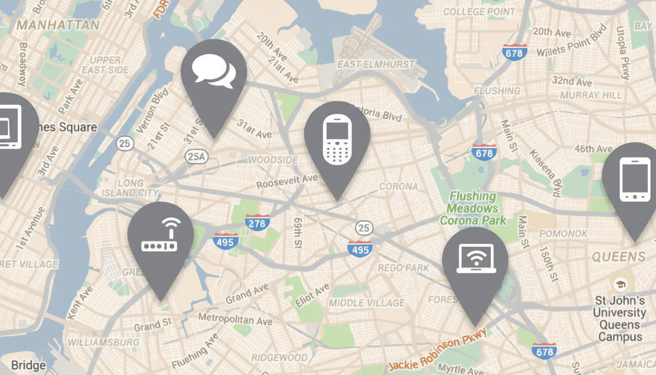 Map of New York City boroughs with various communication technology icons on location pins, indicating service or device availability.