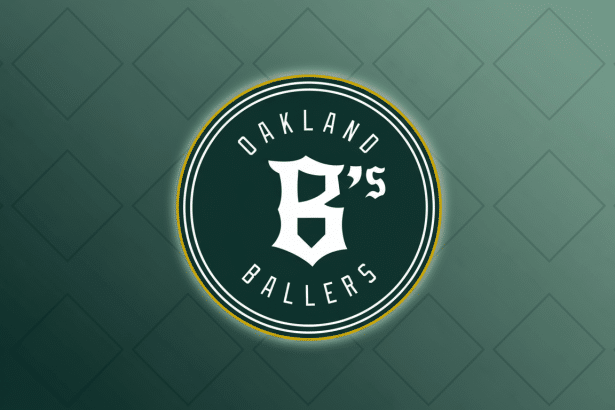 The Oakland B 's Ball ers logo, a circular emblem with a dark green background, a white B 's in the center, and OAKLAND and BALLERS in white text around the perimeter , all encircled by a white and yellow ring . The logo is set against a professional flat design background with soft , dark green geometric patterns.