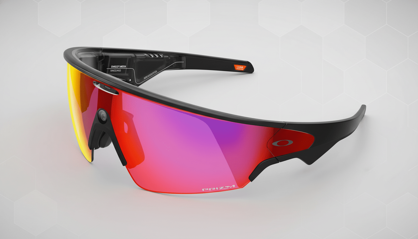 ** A pair of black Oakley sunglasses with a single , wide P rizm lens showing red and yellow reflections , presented against a professional light grey background with subtle hexagonal patterns. **