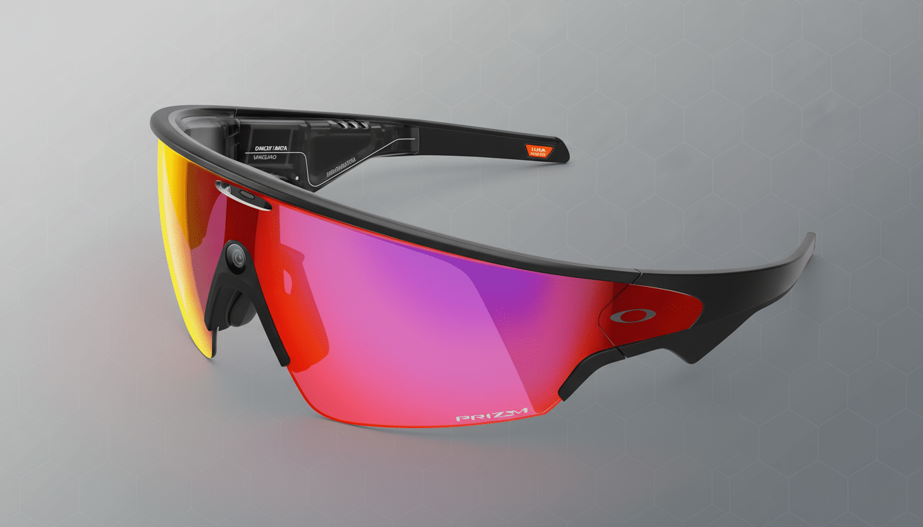 A pair of Oakley Meta sunglasses with red P rizm lenses and black frames , presented on a professional flat gray background with a subtle geometric pattern, resized to a 1 6:9 aspect ratio. Filename : oakley metasunglasses 16 9. png