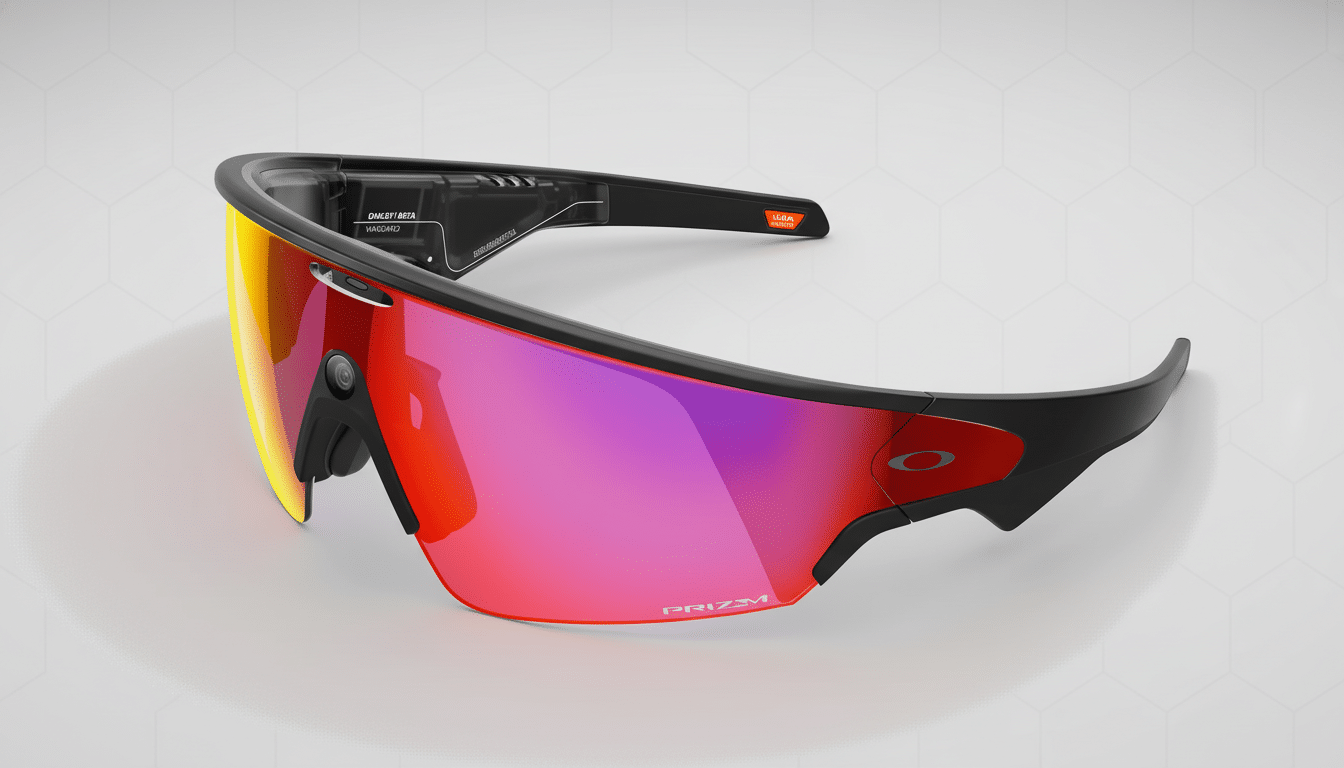 text : A pair of black Oakley sunglasses with red and yellow Priz m lenses on a professional flat gr