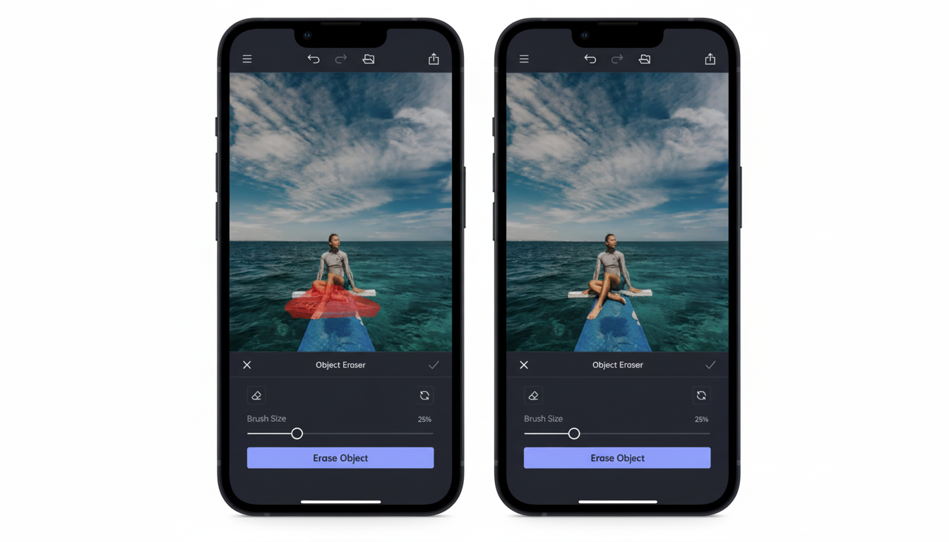 A side-by-side comparison of an iPhone screen showing an Object Eraser feature. On the left, a red overlay highlights an object to be erased from a photo of a person on a paddleboard in the ocean. On the right, the object has been successfully erased.
