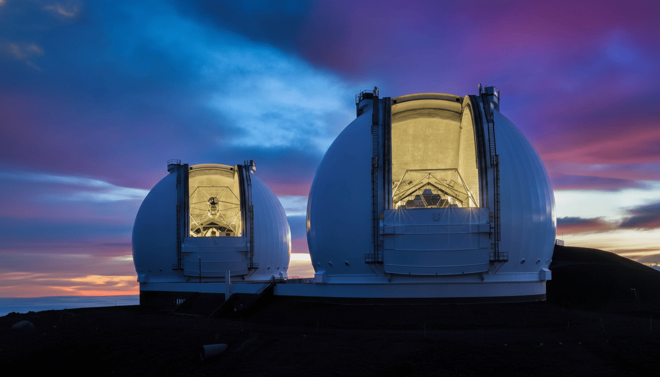 Two observatory domes with illuminated interiors against a dramatic twilight sky. Filename : observatory domes tw ilight.png