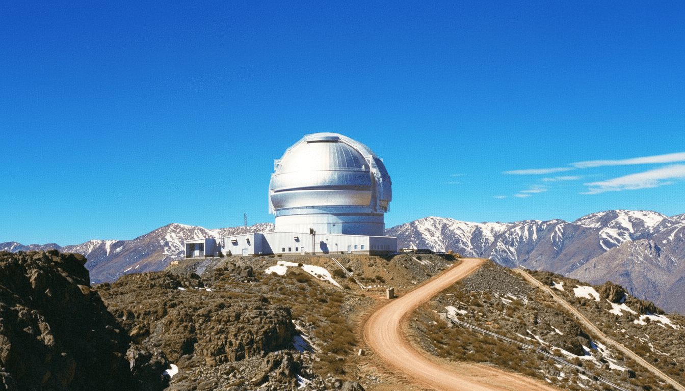 A large, silver -domed observatory sits atop a rocky hill, with a winding dirt road leading up to it. Snow -capped mountains are visible in the backgr