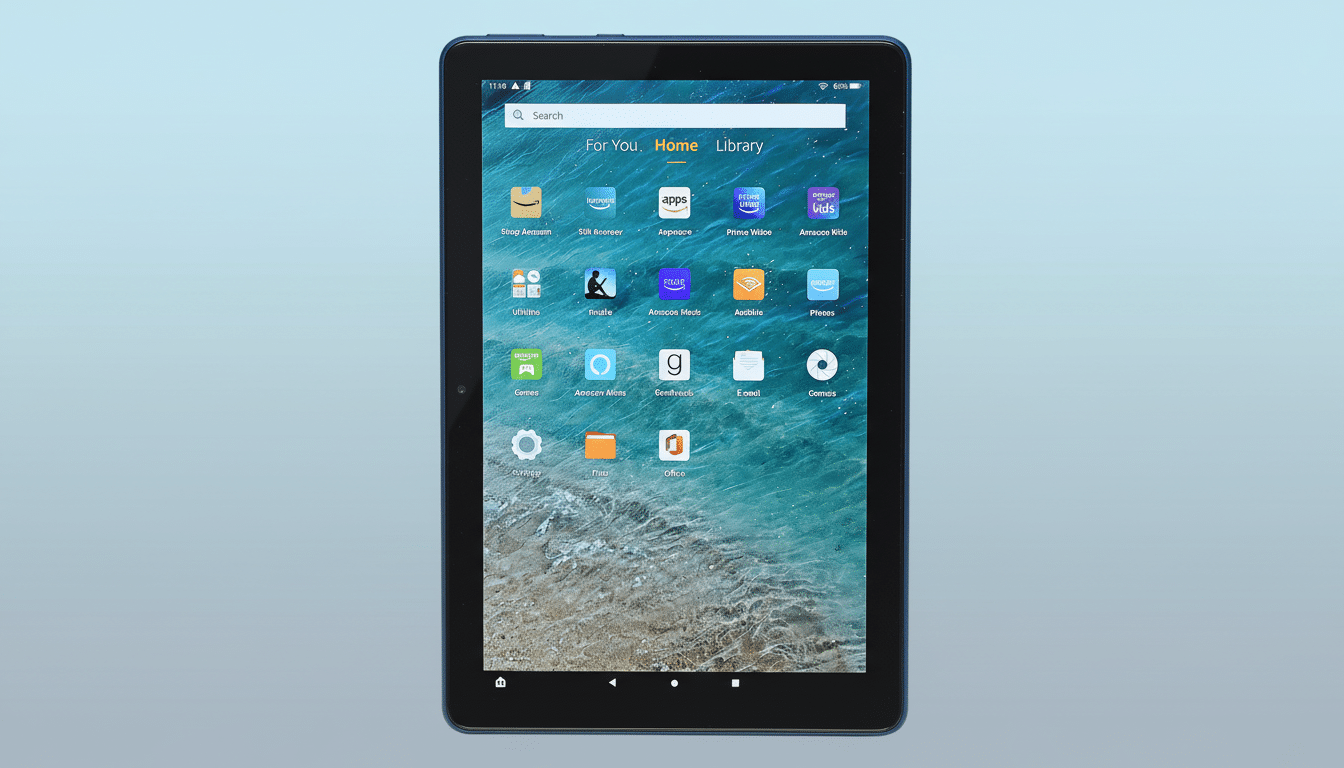 An Amazon Fire tablet displaying its home screen with various apps on a light blue gradient background.