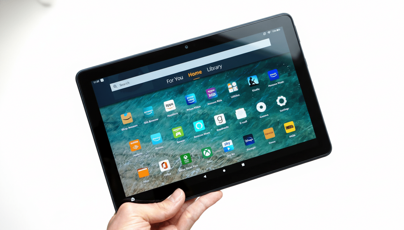 A hand holds a black Amazon Fire tablet displaying its home screen with various app icons, including Amazon, Silk Browser, Prime Video, Kindle, and ot