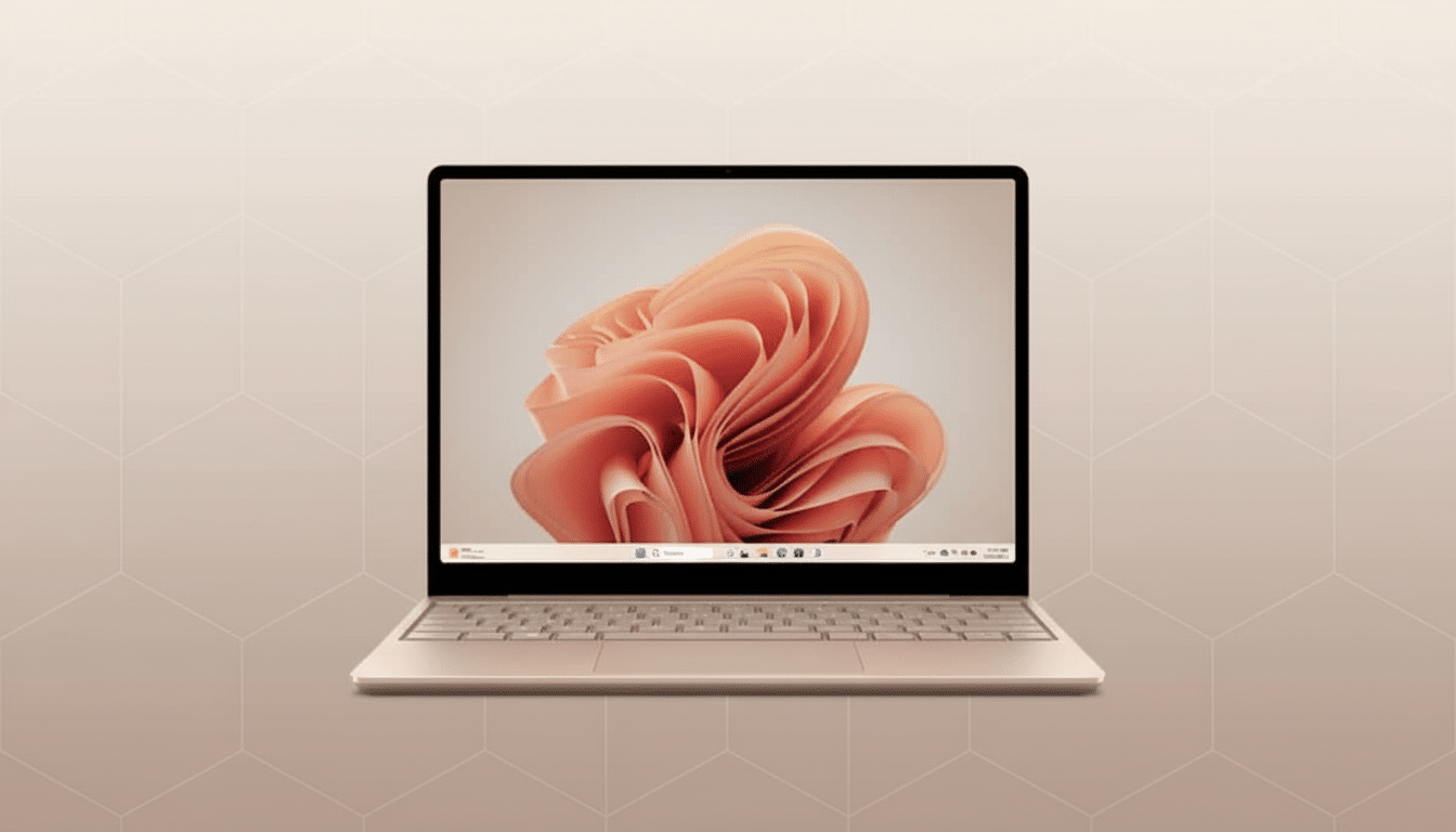 A champagne -colored laptop with a light pink, abstract floral wallpaper on the screen, set against a soft, geometric patterned background.